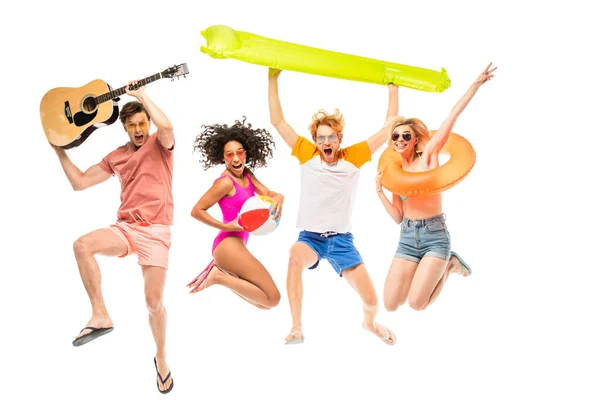 Excited Multicultural Friend Sunglasses Holding Inflatable Ball Acoustic Guitar While — Stock Photo, Image