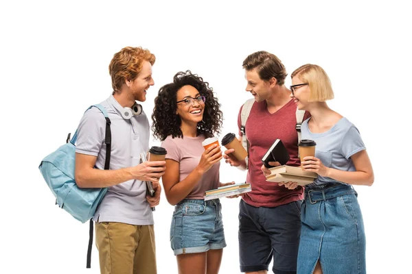 Studenten Met Koffie Gaan Zoek Naar Afrikaanse Amerikaanse Vriend Met — Stockfoto