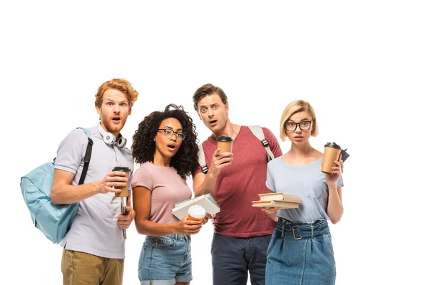 Shocked Multicultural Students Coffee Books Looking Camera Isolated White — Stock Photo, Image