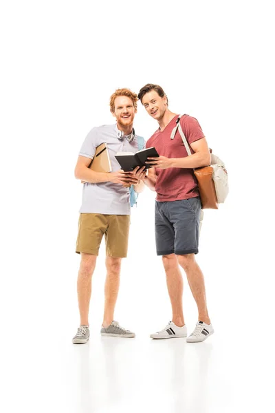 Students Notebooks Backpacks Looking Camera White Background — Stock Photo, Image