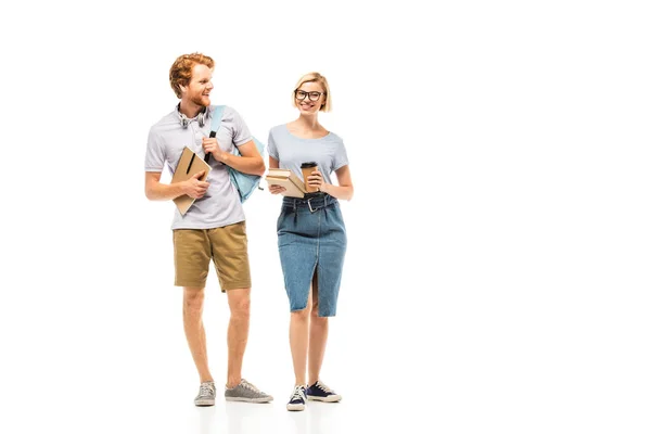 Studenten Met Rugzak Boeken Koffie Gaan Witte Achtergrond — Stockfoto