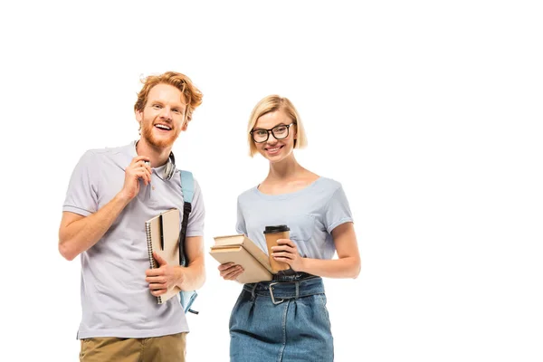 Students Looking Camera While Holding Books Coffee Headphones Isolated White — Stock Photo, Image