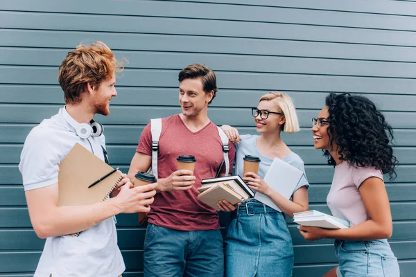 Multicultural Students Books Coffee Looking Friend Urban Street — Stock Photo, Image