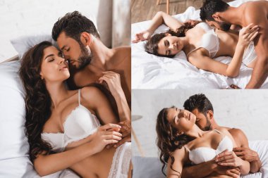 Yatakta öpüşen ve kız arkadaşını kucaklayan seksi bir erkek kolajı.  