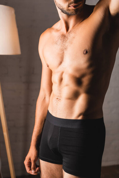 Обрезанный вид мускулистого человека в черных трусах, стоящего дома 