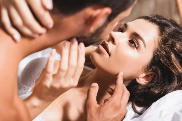 Selective Focus Sexy Woman Touching Looking Shirtless Man Bed — Stock Photo, Image