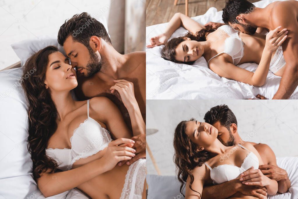 Collage of sexy man kissing and embracing girlfriend on bed  