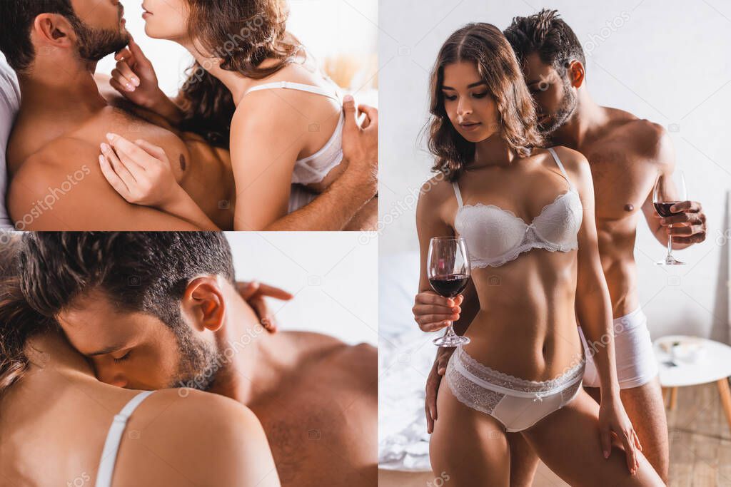 Collage of sexy couple embracing and holding glasses of wine in bedroom 
