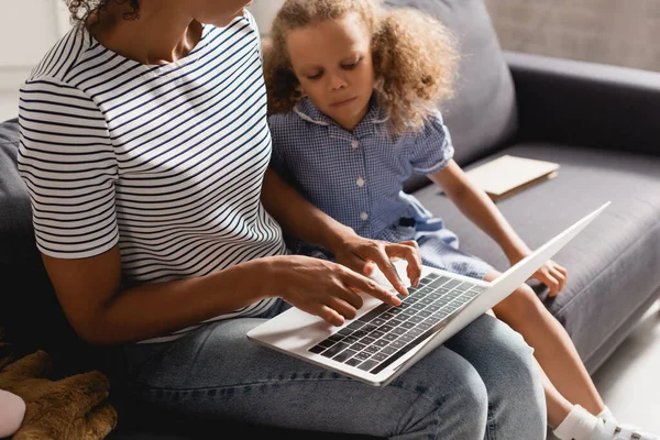 Cropped View African American Teleworker Striped Shirt Using Laptop Daughter — Stock Photo, Image
