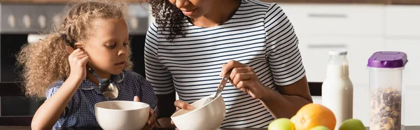 Cropped View African American Woman Striped Shirt Showing Bowl Breakfast — Stock Photo, Image