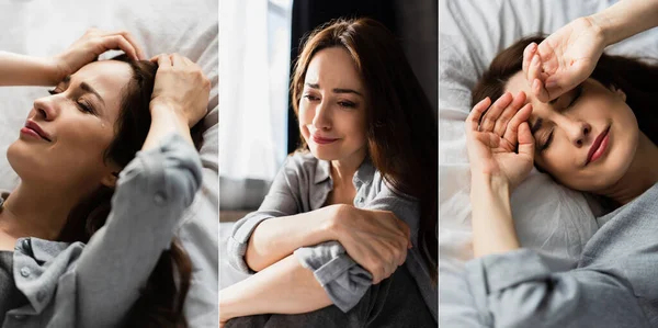 Collage Upset Brunette Woman Touching Face Hair While Crying Home — Stock Photo, Image