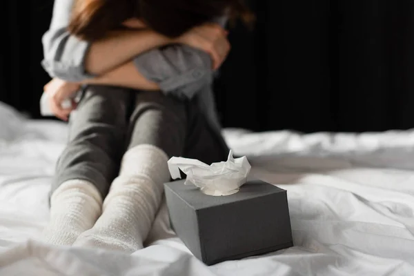 Cropped View Depressed Woman Sitting Bed Tissue Box — Stock Photo, Image