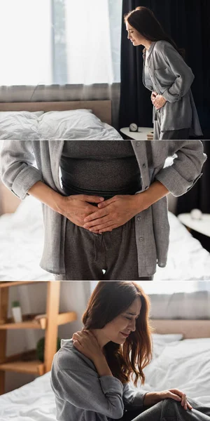 Collage Brunette Woman Closed Eyes Suffering Stomach Ache Neck Pain — Stock Photo, Image