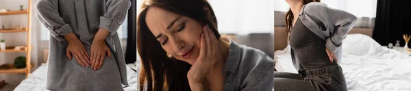 Collage Donna Bruna Che Soffre Mal Denti Mal Schiena Casa — Foto Stock