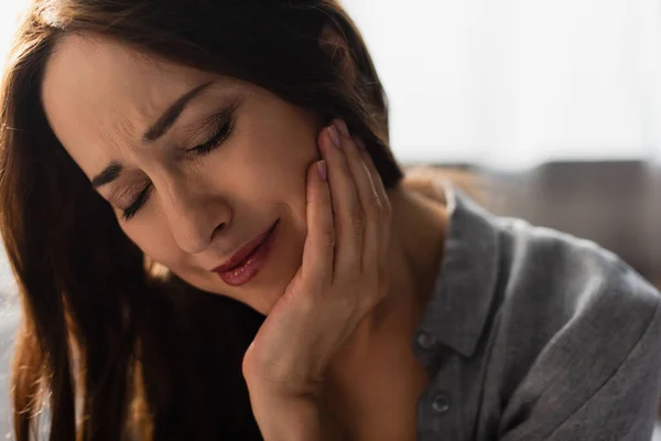Sad Brunette Woman Closed Eyes Touching Face While Suffering Toothache — Stock Photo, Image