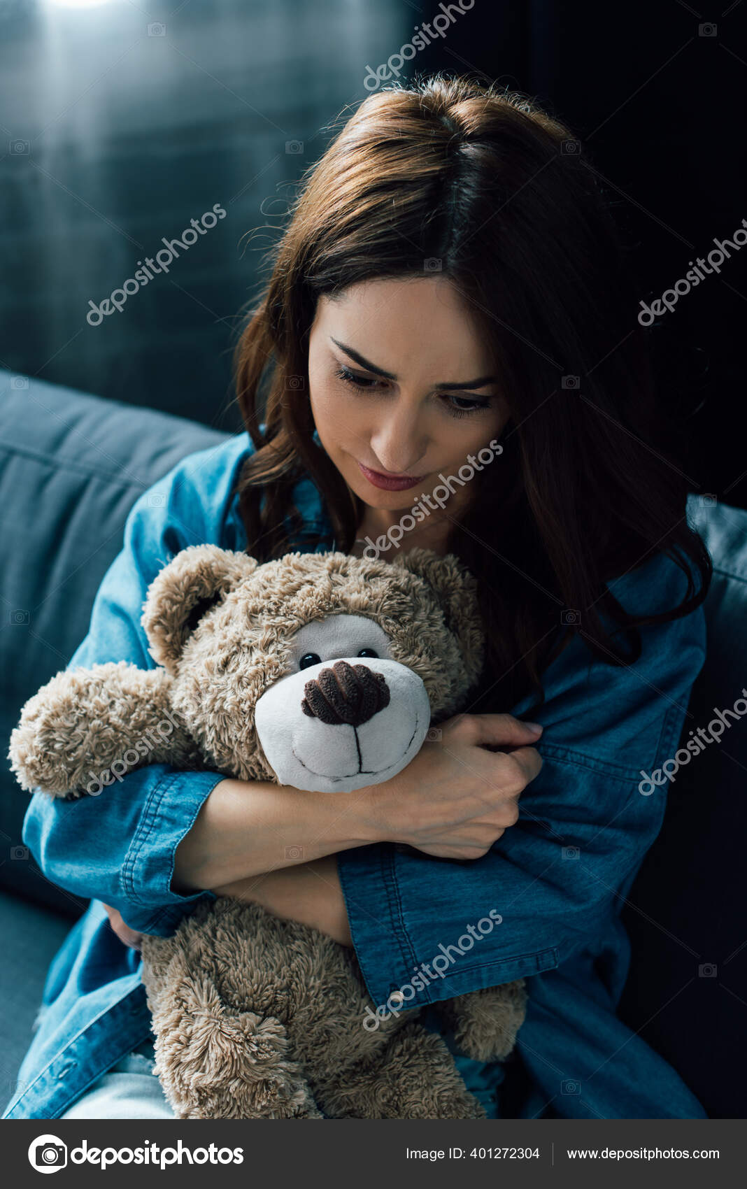 Depressed Brunette Woman Holding Teddy Bear Looking — Stock