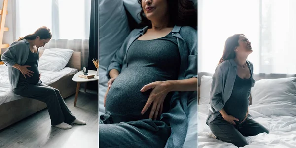 Collage Femme Enceinte Souffrant Douleur Lit — Photo