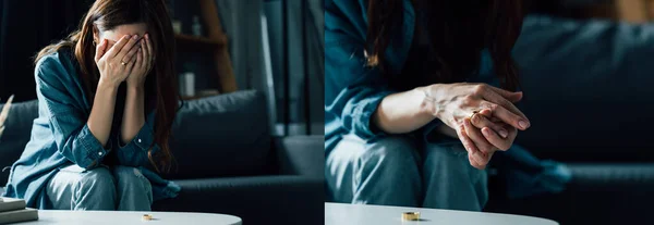 黄金の指輪離婚の概念とコーヒーテーブルの近くに座っている間に顔を覆う動揺した女性のコラージュ — ストック写真