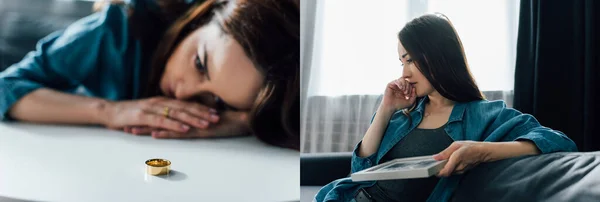 Collage Deprimerad Kvinna Som Håller Fotoram Och Tittar Soffbord Med — Stockfoto