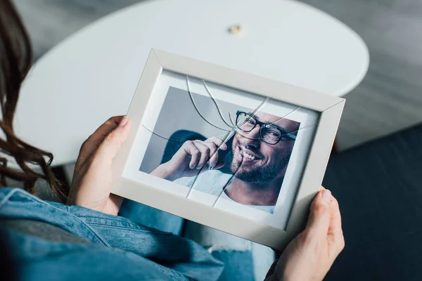 Cropped View Woman Holding Photo Husband Frame Broken Glass Divorce — Stock Photo, Image