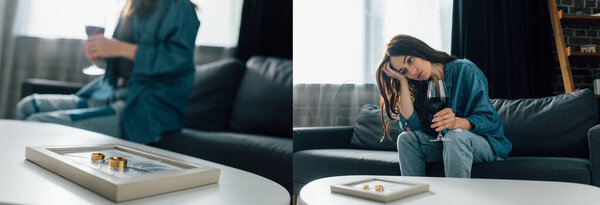 коллаж грустной женщины с бокалом вина возле золотых колец на фоторамке, концепция развода 