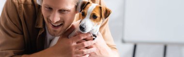 Kablosuz kulaklıklı iş adamının ofiste Jack Russell Terrier 'a sarılışının yatay görüntüsü.