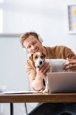 Kablosuz kulaklıklı genç işadamı iş yerinde otururken Jack Russell Terrier köpeğine dokunuyor.