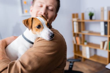 Görevdeyken Jack Russell Terrier köpeğini tutan genç iş adamının seçici odak noktası