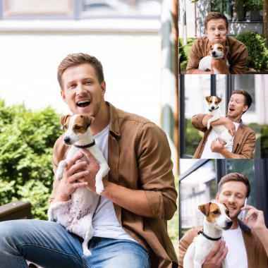 Heyecanlı adamın kolajı Jack Russell Terrier köpeğini tutmak, yanaklarını şişirmek ve şehir caddesinde akıllı telefondan konuşmak.
