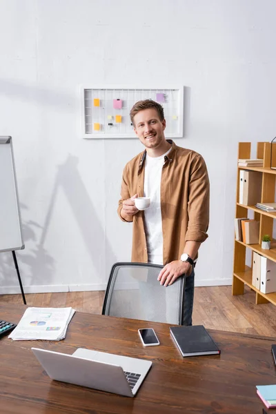 Businessman Casual Clothes Holding Coffee Cup Looking Camera Office — Stock Photo, Image