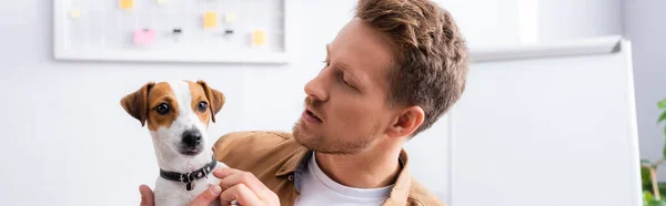 Horizontal Image Young Businessman Holding Jack Russell Terrier Dog While — Stock Photo, Image