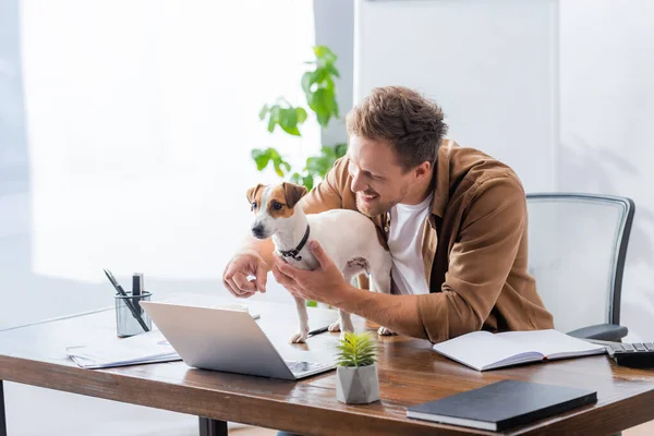 Biznesmen Wskazujący Palcem Laptopa Pobliżu Jack Russell Terrier Dog — Zdjęcie stockowe