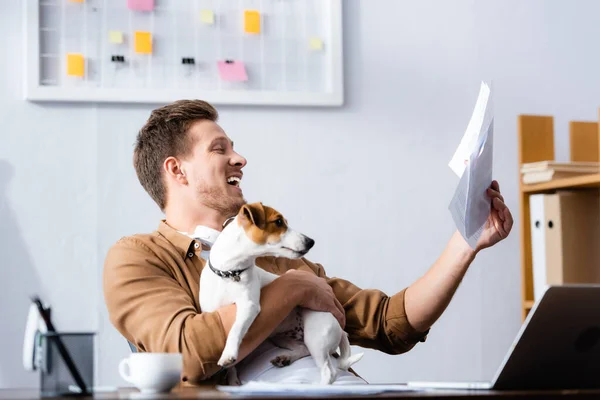 Jovem Empresário Segurando Documentos Enquanto Trabalhava Escritório Com Jack Russell — Fotografia de Stock