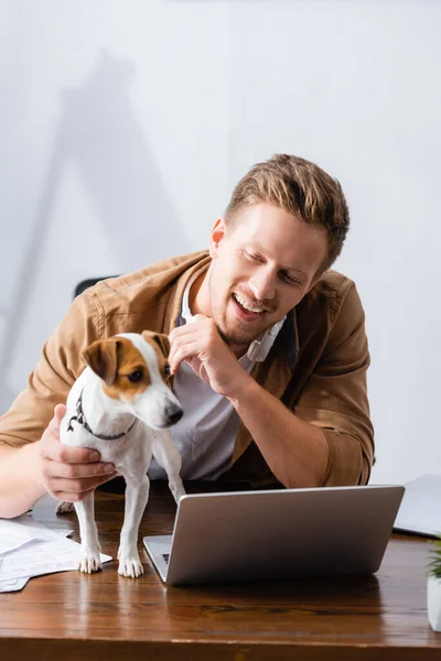 Junger Geschäftsmann Freizeitkleidung Berührt Jack Russell Terrier Hund Arbeitsplatz Der — Stockfoto