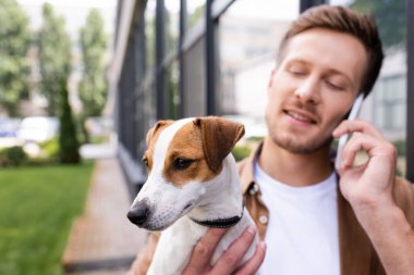 Jack Russell Terrier köpeğini tutan ve dışarıda akıllı telefondan konuşan genç bir adamın seçici odak noktası.