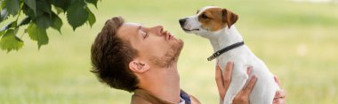 Kafasında kahverengi lekeler olan Jack Russell Terrier köpeği tutan genç adamın yatay konsepti