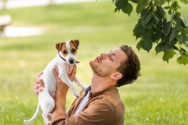 Genç adam beyaz Jack Russell Terrier köpeği tutuyor. Kafasında kahverengi noktalar var.