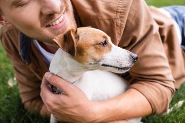 Yeşil çimlerde uzanmış Jack Russell Terrier köpeğine sarılan bir adam görüntüsü.