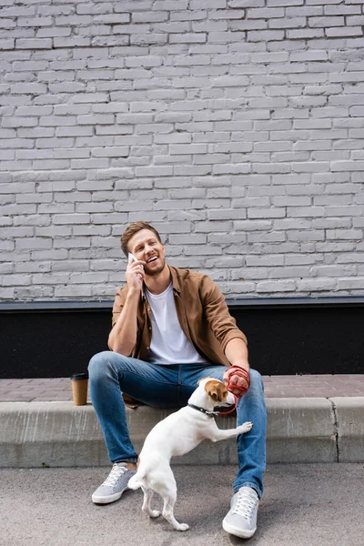 Man Holding Jack Russell Terrier Leash While Talking Smartphone Coffee — Stock Photo, Image