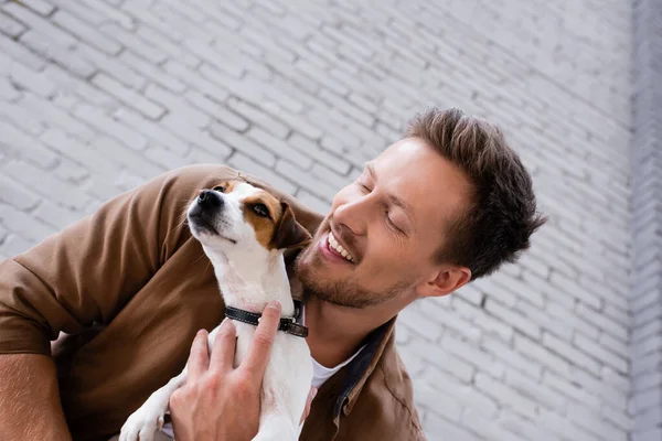 Vista Basso Angolo Giovane Abbracciando Jack Russell Terrier Vicino Edificio — Foto Stock