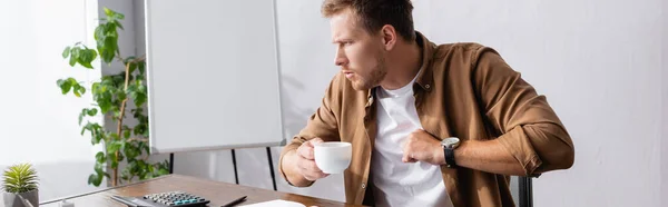 Horizontal Crop Sick Businessman Coughing While Holding Cup Coffee Office — Stock Photo, Image