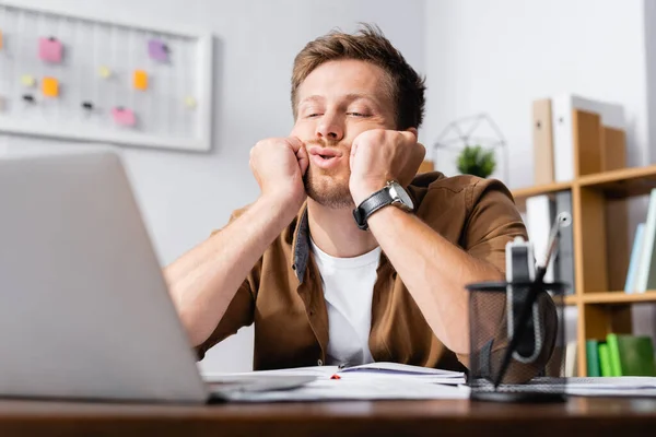 Selective Focus Exhausted Businessman Hands Cheeks Looking Laptop Office — Stock Photo, Image