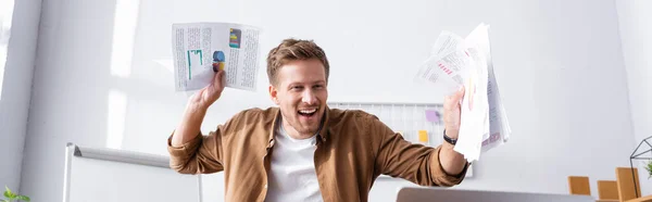 Horizontal Crop Young Businessman Holding Paperwork Office — Stock Photo, Image