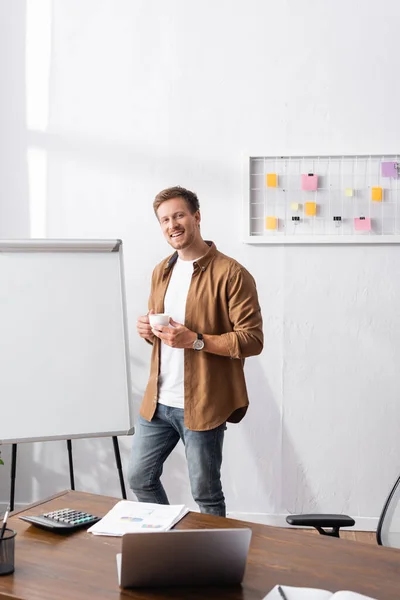 Young Businessman Holding Cup Coffee Looking Camera Office — Stock Photo, Image