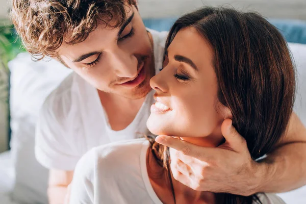 Young Man Looking Girlfriend Touching Neck Face — Stock Photo, Image