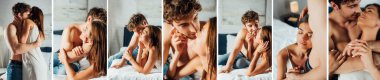 Collage of shirtless man in jeans kissing and embracing girlfriend in bedroom  clipart