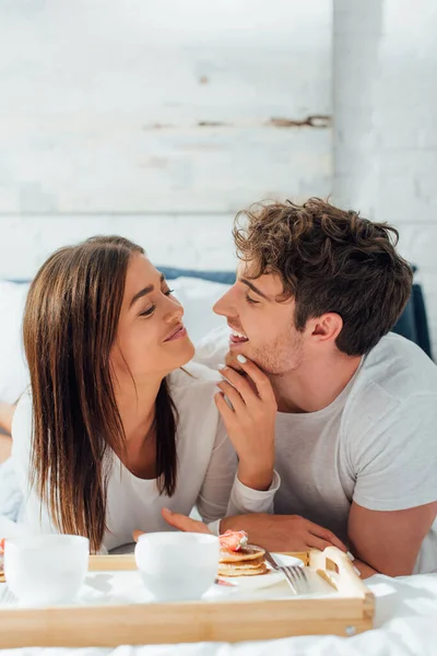 Selective Focus Woman Touching Boyfriend Breakfast Coffee Bed — Stock Photo, Image