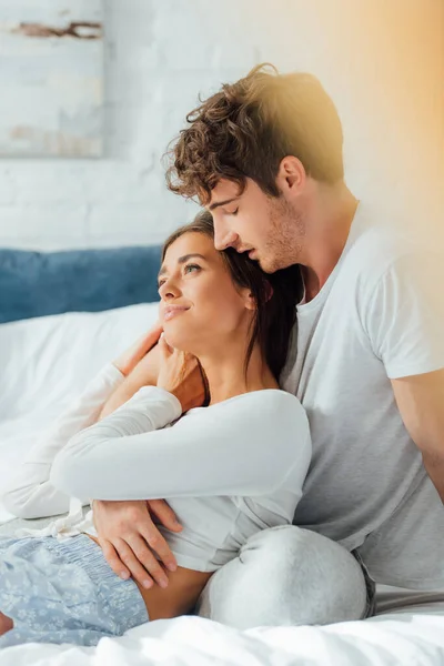Selective Focus Young Woman Touching Boyfriend Bed — Stock Photo, Image
