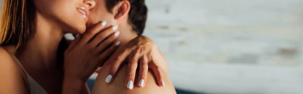 Horizontal Crop Woman Touching Shirtless Man Home — Stock Photo, Image