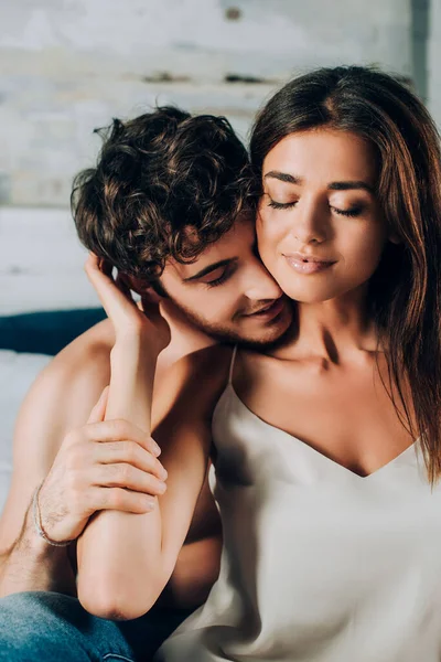 Selective Focus Young Woman Silk Nightdress Touching Shirtless Man Home — Stock Photo, Image